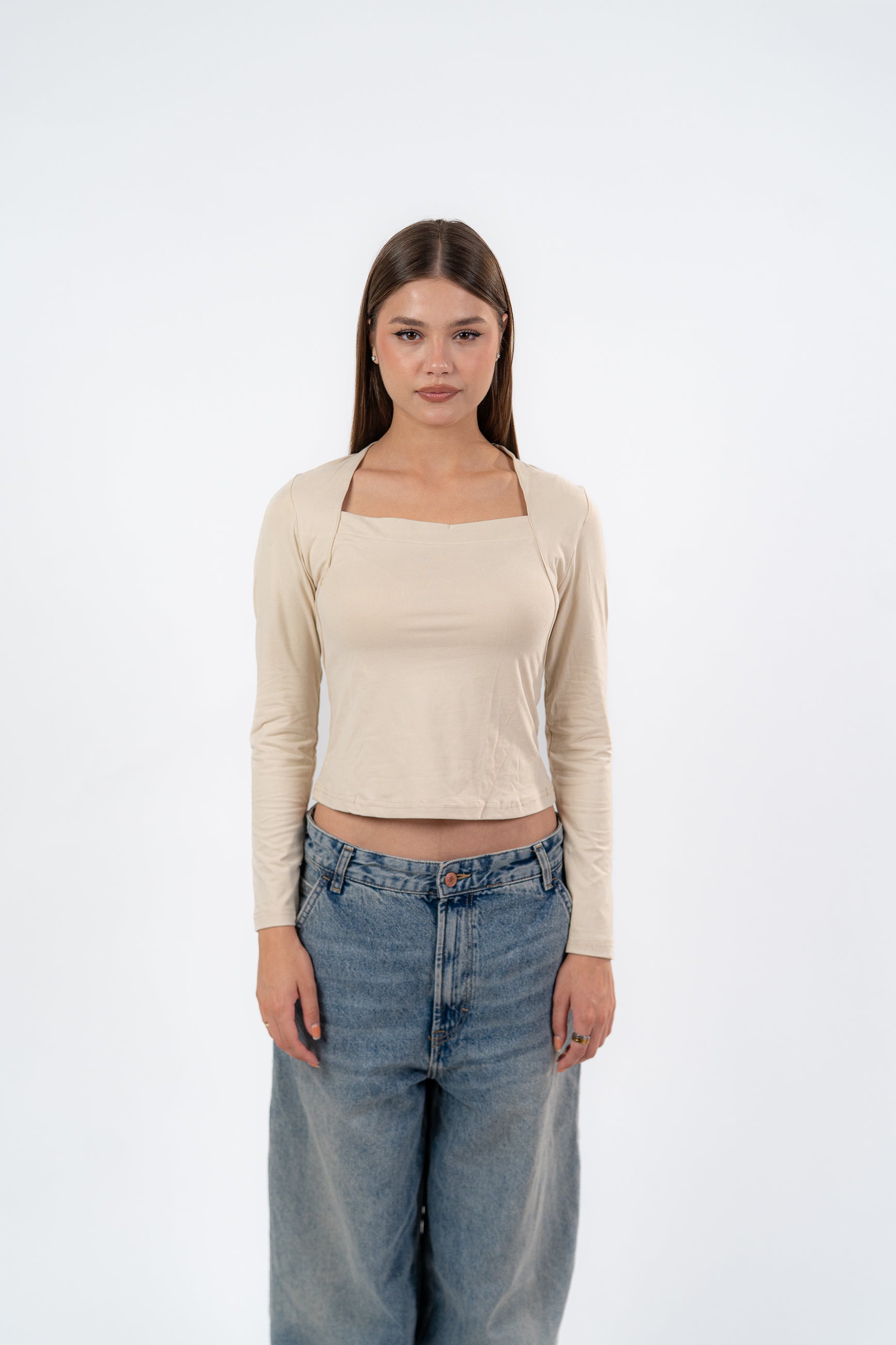 SQUARE NECK LONG SLEEVE-TOP