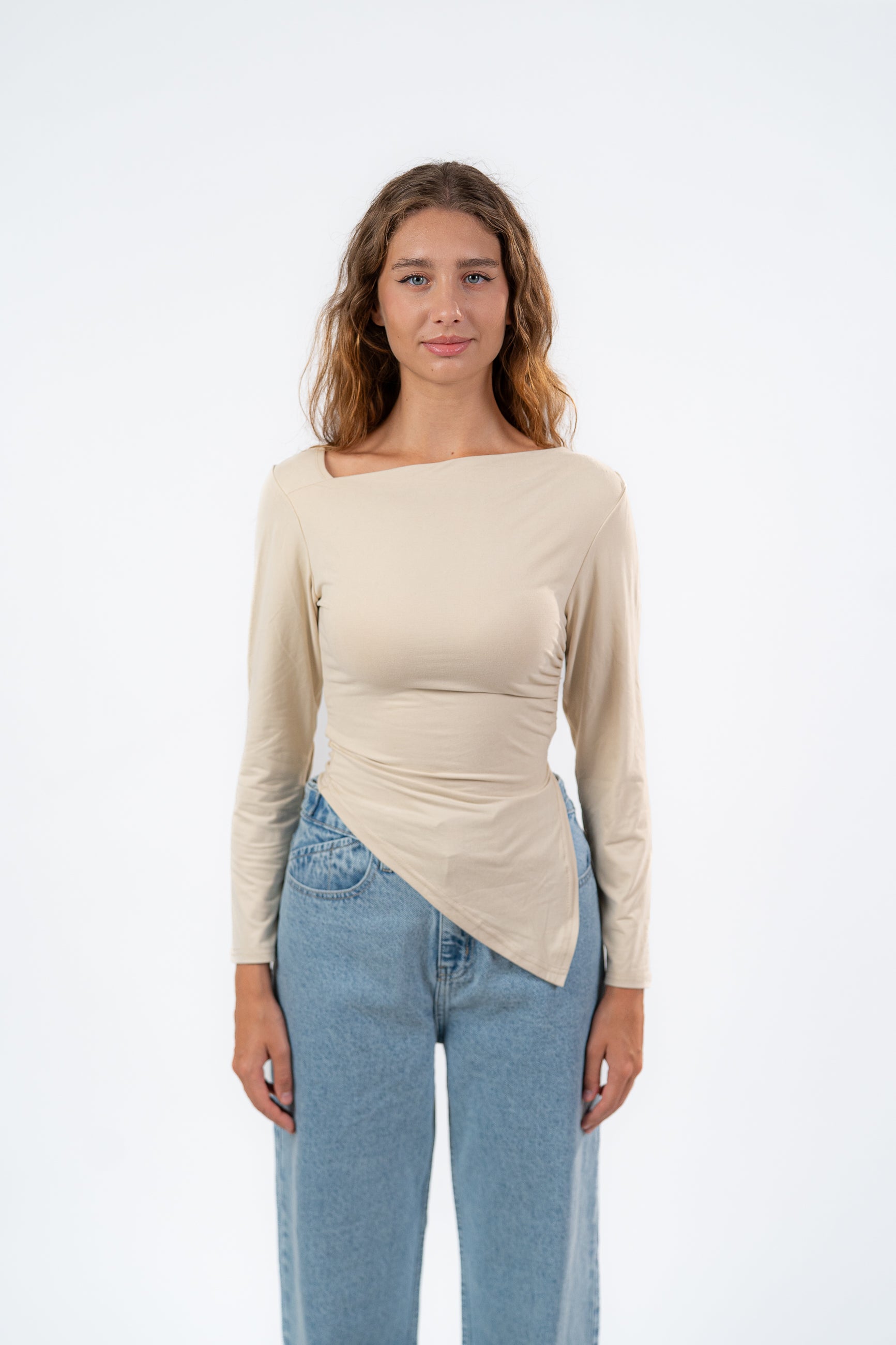 ASYMMETRICAL NECK LONG SLEEVE-TOP