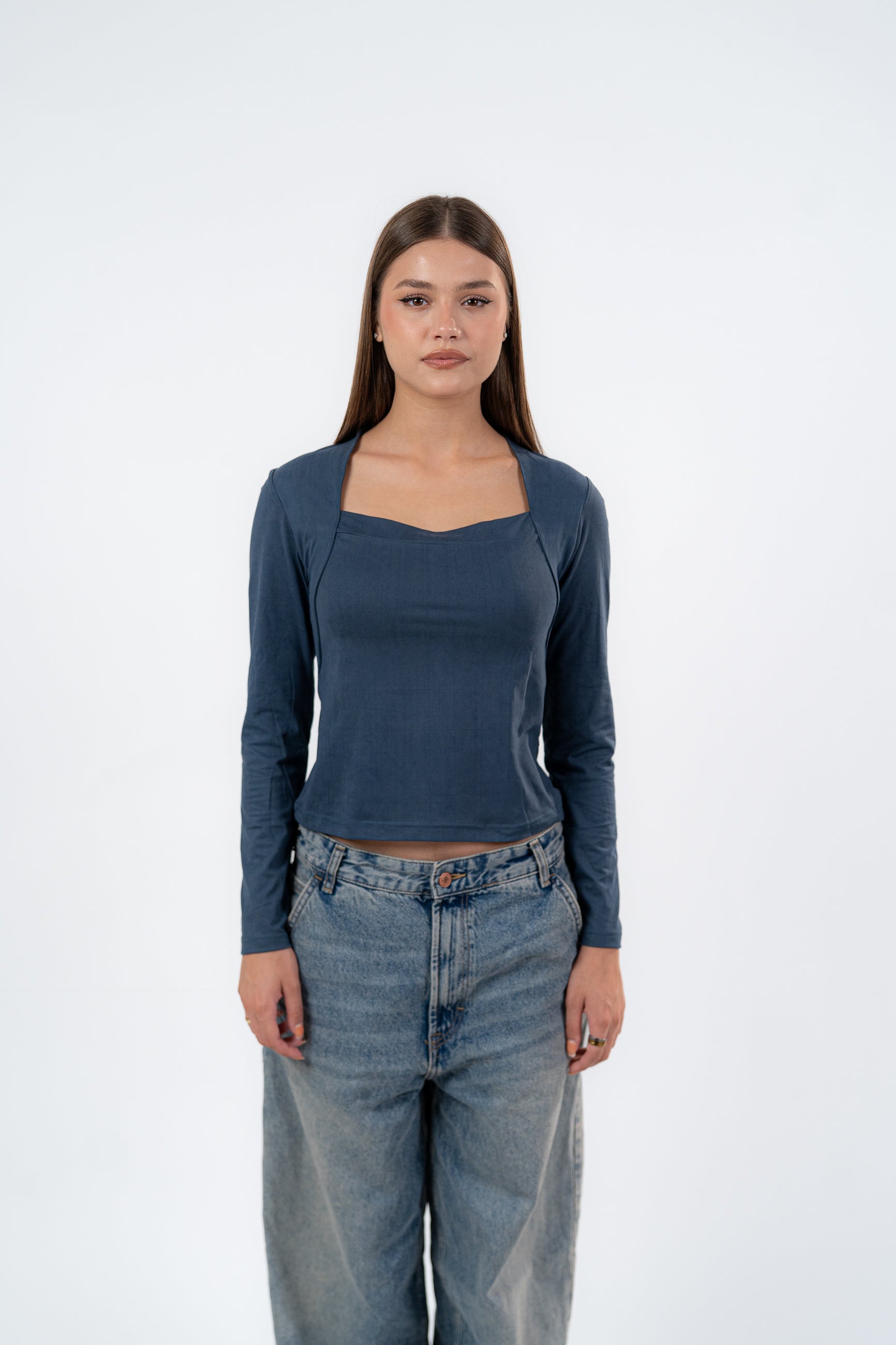 SQUARE NECK LONG SLEEVE-TOP