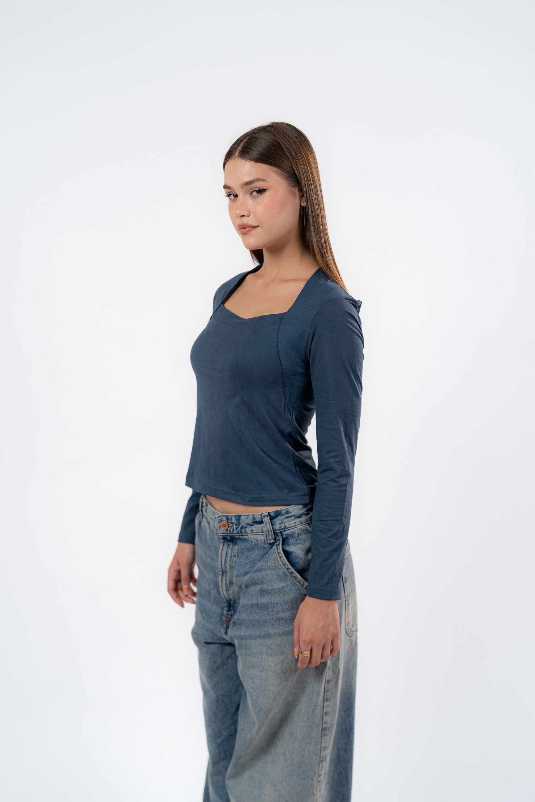 SQUARE NECK LONG SLEEVE-TOP