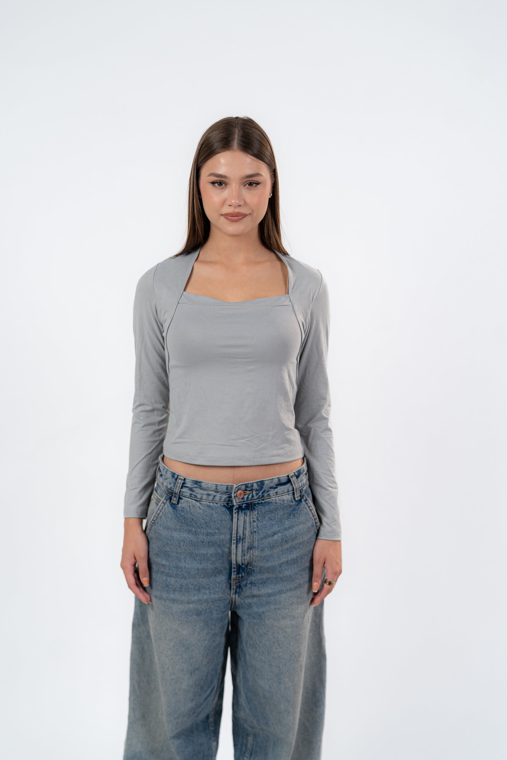 SQUARE NECK LONG SLEEVE-TOP