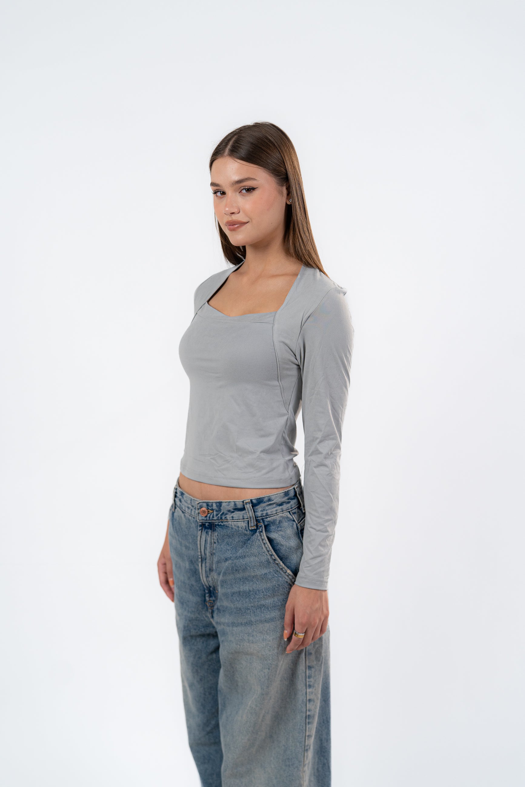 SQUARE NECK LONG SLEEVE-TOP