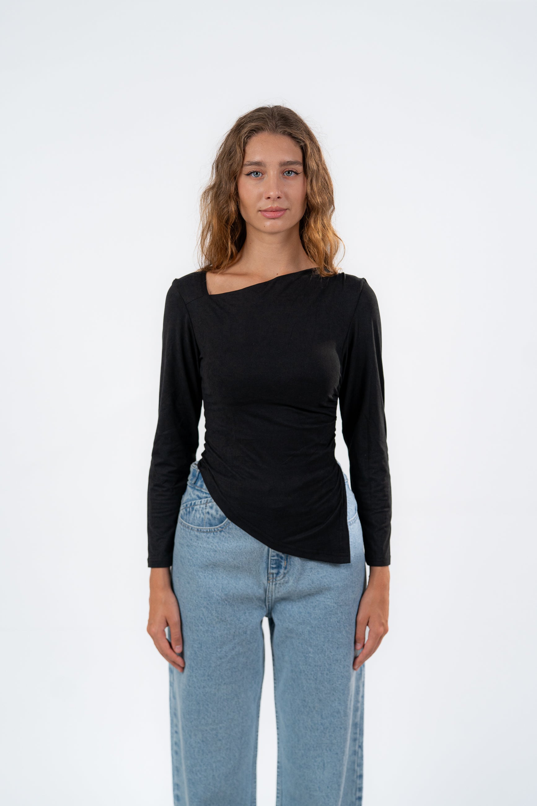 ASYMMETRICAL NECK LONG SLEEVE-TOP