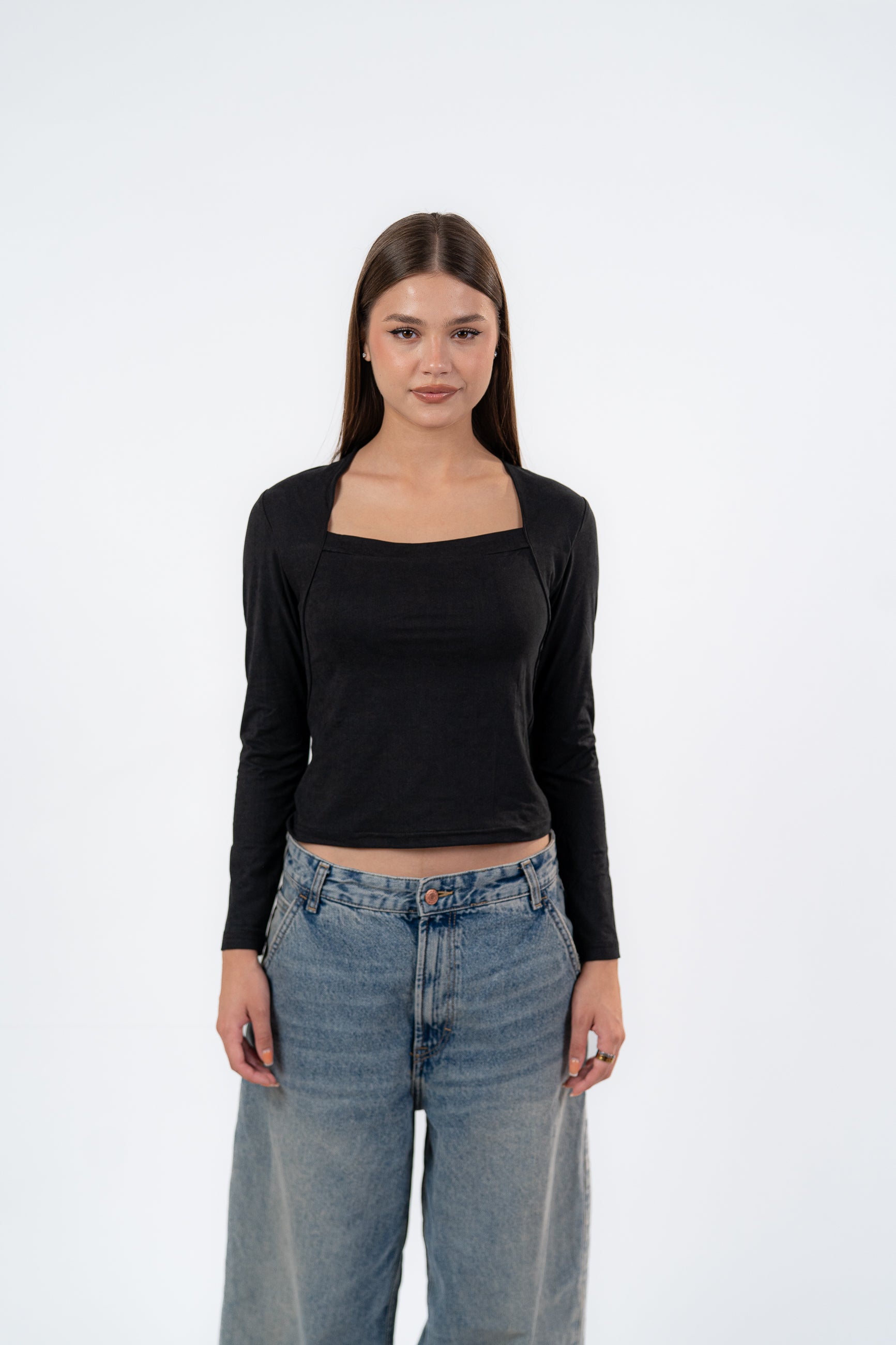 SQUARE NECK LONG SLEEVE-TOP