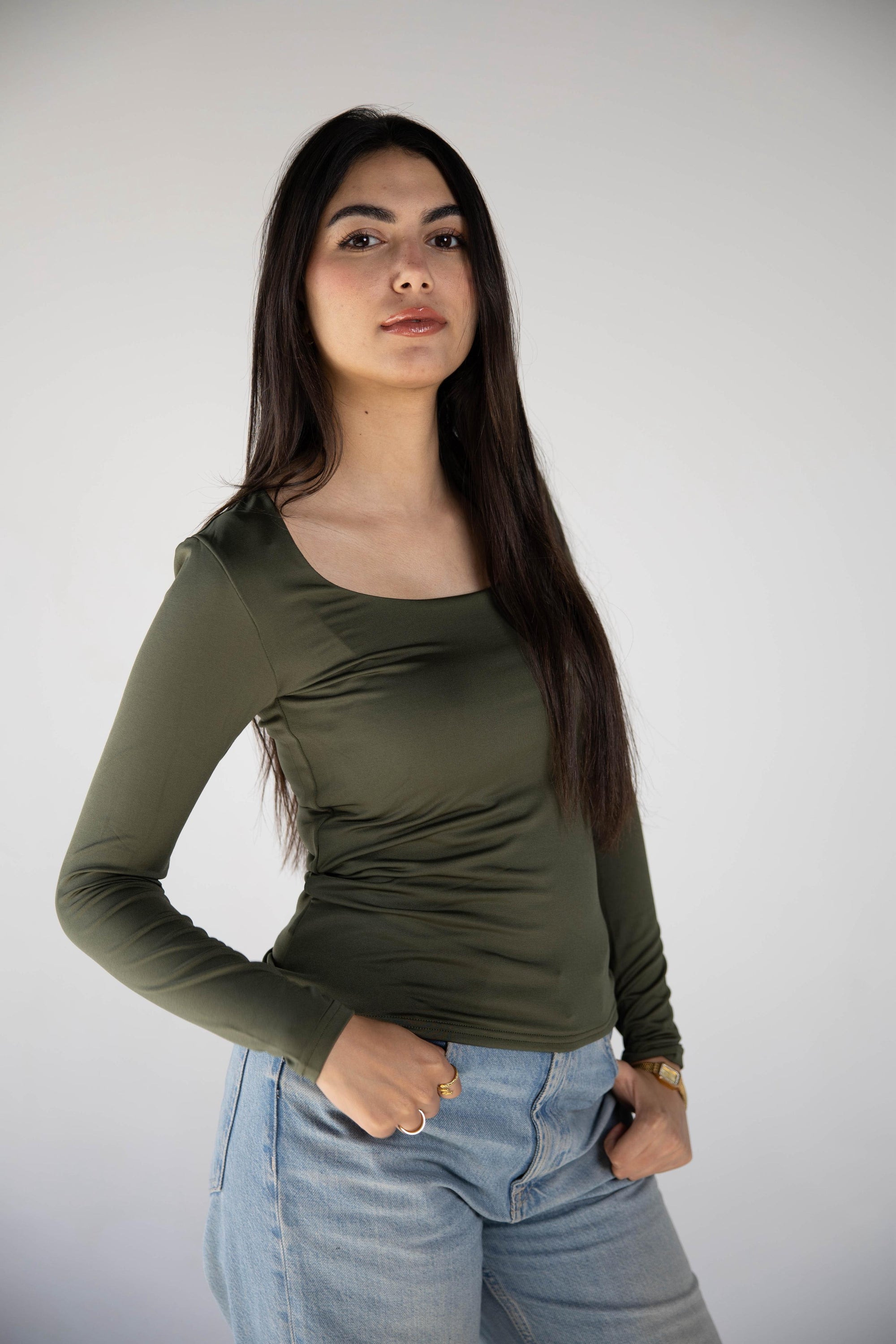 SQUARE NECK LONG SLEEVE-TOP