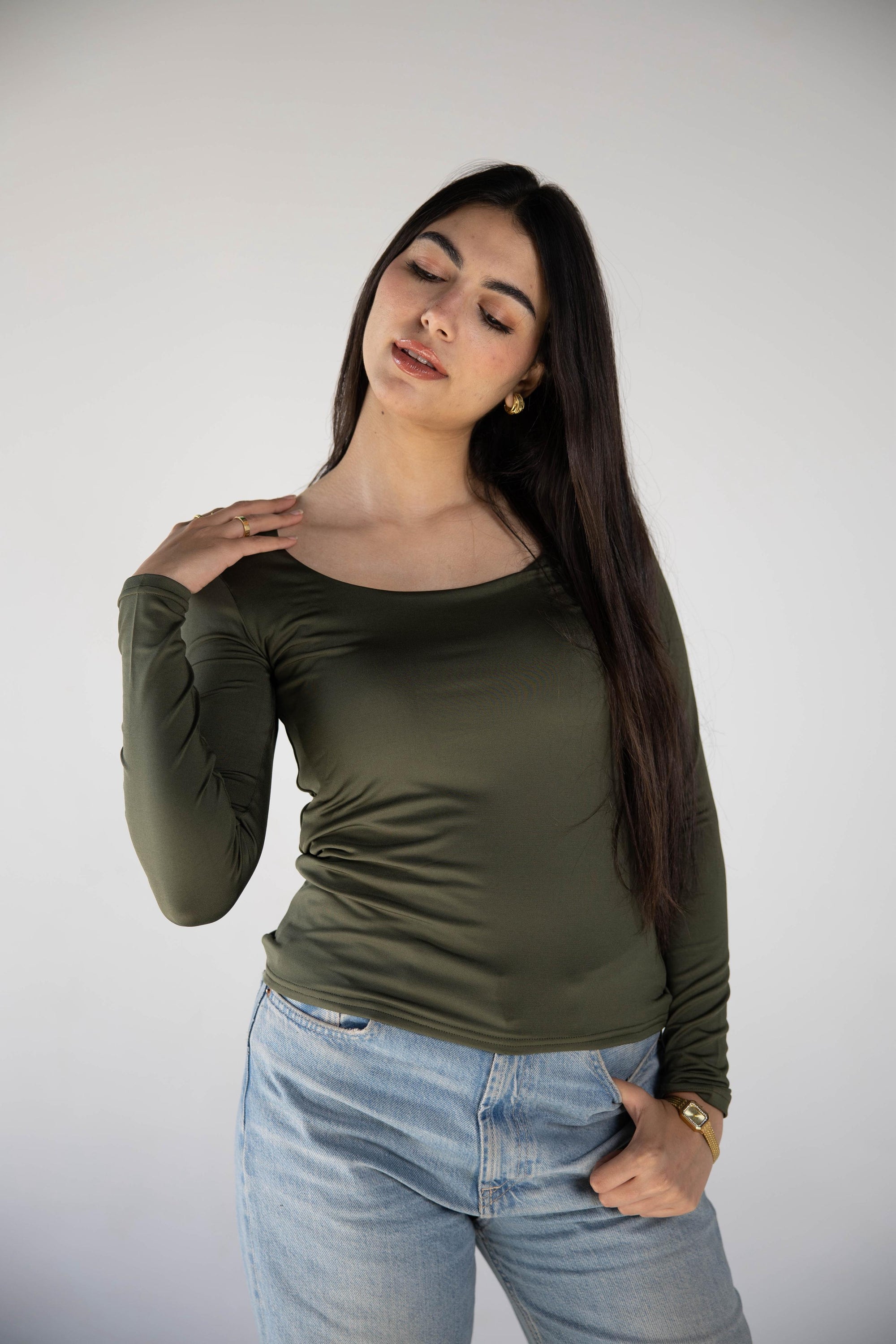 SQUARE NECK LONG SLEEVE-TOP