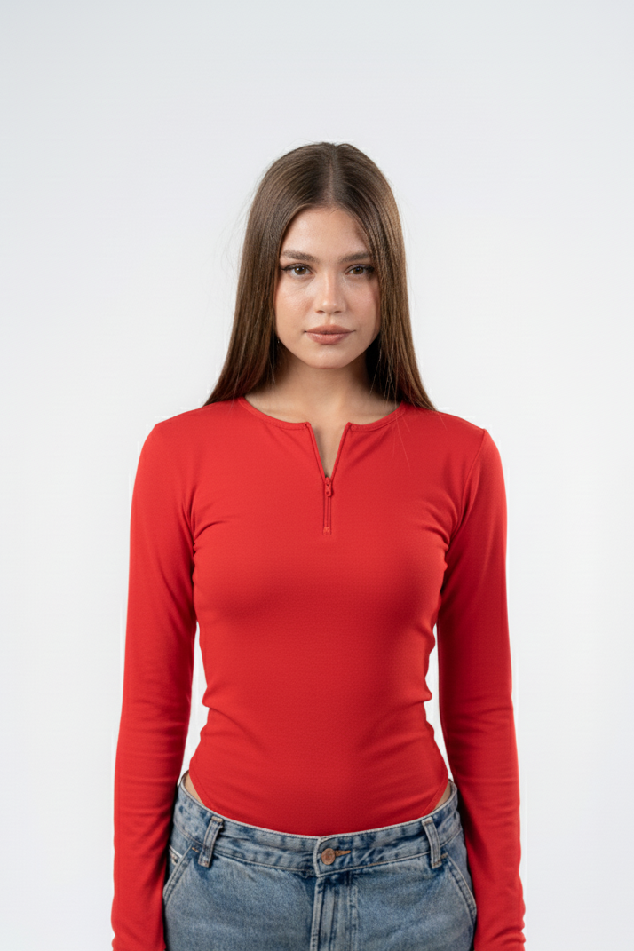 ZIPPER LONG SLEEVE BODYSUIT-ELASTIC